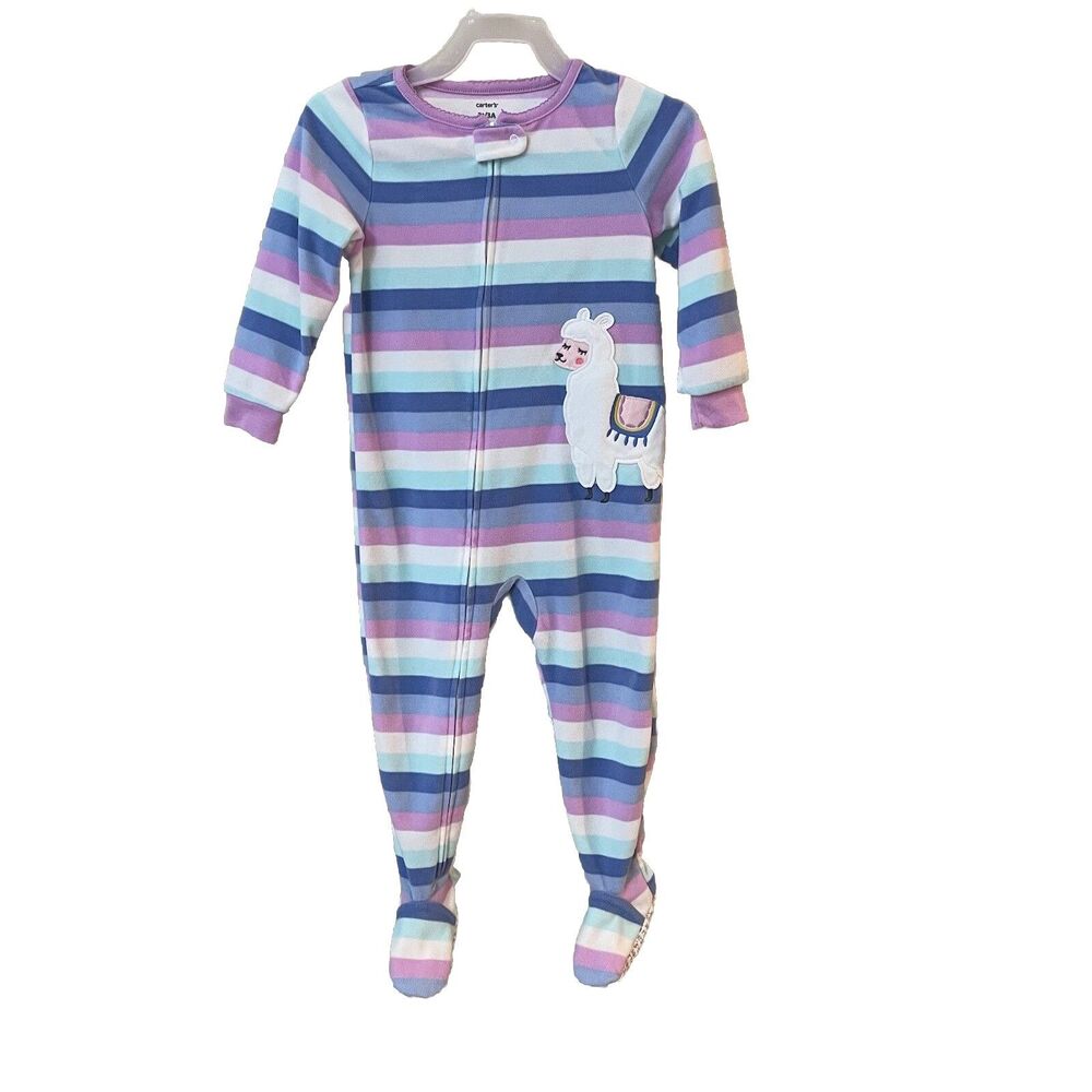 Carters Girls Fleece Footed Pajamas 3T Long Sleeve ZipUp Pink Blue Stripes Lamb